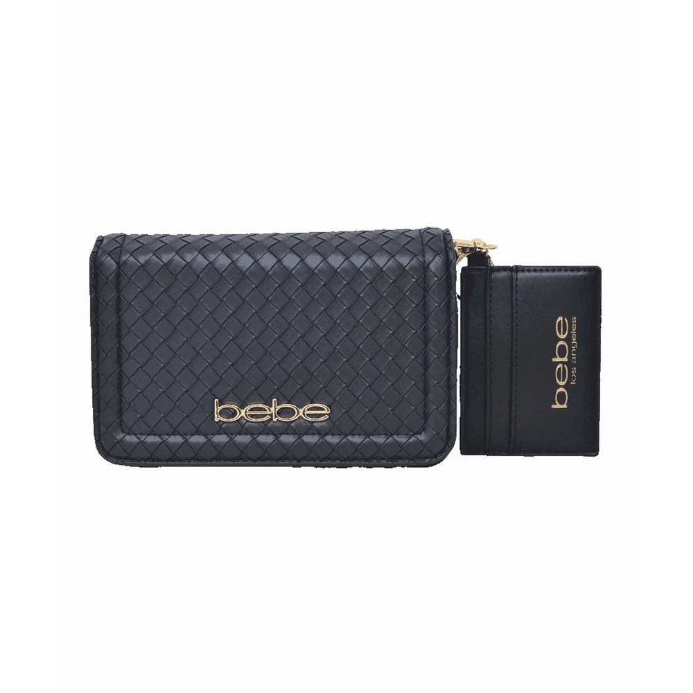 Bebe Woven Crossbody Bag with Matching Card Holder Black Gold Chain Strap NEW